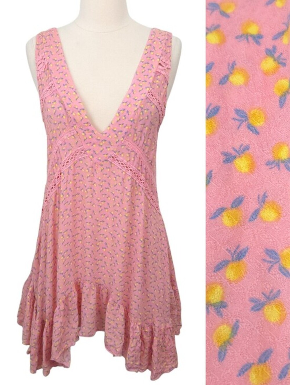 Free‎ People Pink Lemon Print Let It Happen Sleeveless Boho Mini Slip Dress- XS